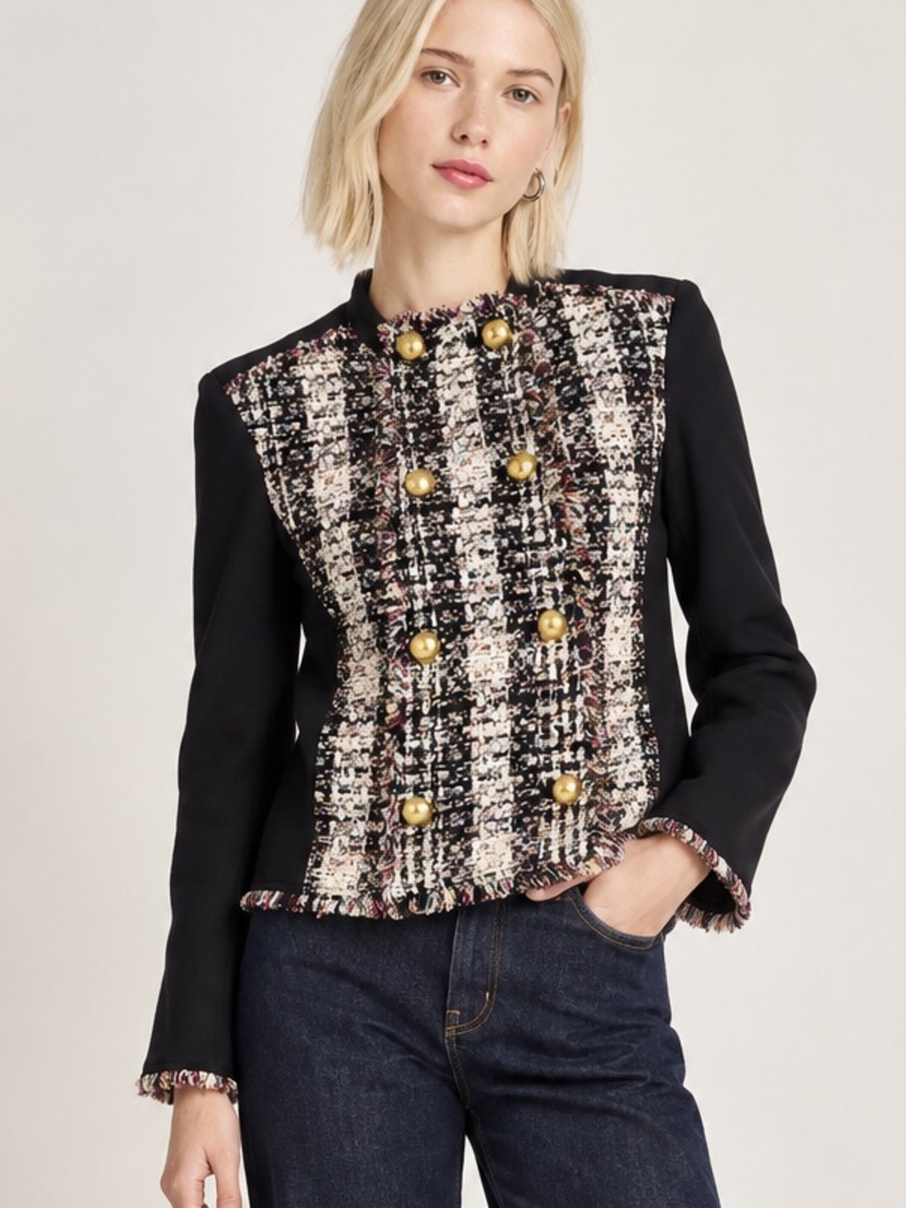 Tory Burch Sammy Striped Yarn Tweed Jacket Double Breasted Gold Buttons NWT Sz 8